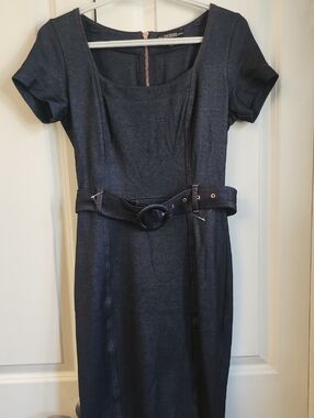 Guess Dark Blue Denim Midi Sheath Dress with Belt